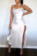 White Celebrities Solid Color Backless High Slit Patchwork Spaghetti Strap Sling Dresses