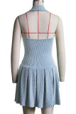 Light Green Sexy Solid Color Buckle Ruched Patchwork U Neck A Line Dresses