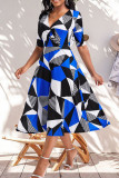 Blue Celebrities Print Patchwork V Neck A Line Dresses