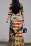Turquoise Celebrities Print Strap Design Patchwork V Neck A Line Dresses