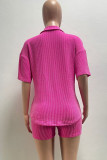 Rose Red Casual Solid Color Buckle Patchwork Turndown Collar Short Sleeve Two Pieces
