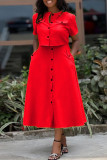 Red Casual Solid Color Pocket Buckle Patchwork O Neck Short Sleeve Two Pieces