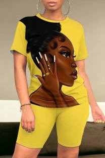 Yellow Casual Figure Print Basic O Neck Short Sleeve Two Pieces