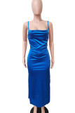 Black Celebrities Solid Color Backless High Slit Patchwork Spaghetti Strap Sling Dresses