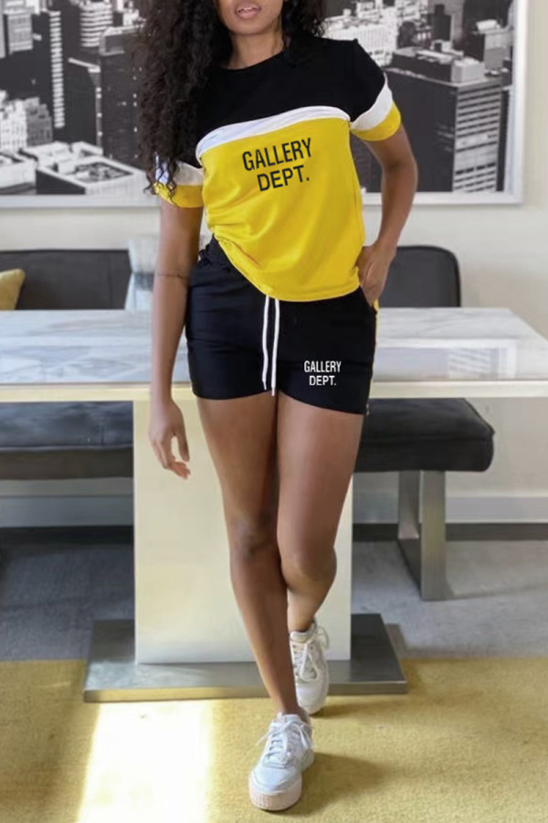 Yellow Casual Street Striped Print Letter Print Pocket Contrast O Neck Short Sleeve Two Pieces