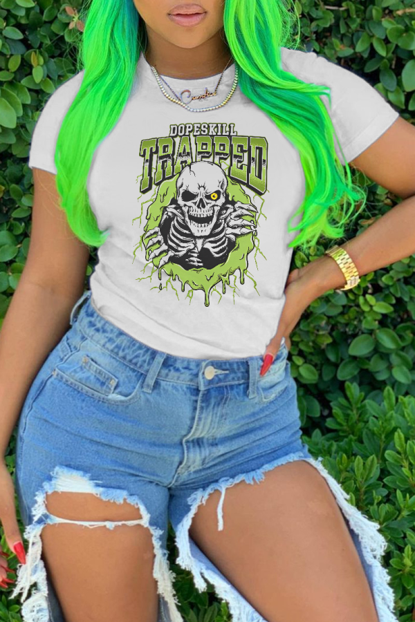 White Casual Street Skull Head Letter Print O Neck T-Shirts