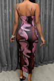 Multicolor Sexy Print Backless Patchwork Spaghetti Strap Sling Dresses