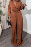 White Casual Solid Color Draw String Buckle Slit Turndown Collar Loose Jumpsuits