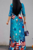 Turquoise Celebrities Print Strap Design Patchwork V Neck A Line Dresses