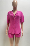 Rose Red Casual Solid Color Buckle Patchwork Turndown Collar Short Sleeve Two Pieces