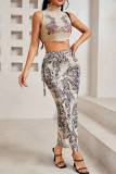 Apricot Celebrities Print Ruched Strap Design Patchwork Turtleneck Sleeveless Two Pieces