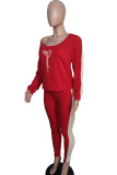 Red Casual Letters Patchwork Oblique Collar Long Sleeve Two Pieces