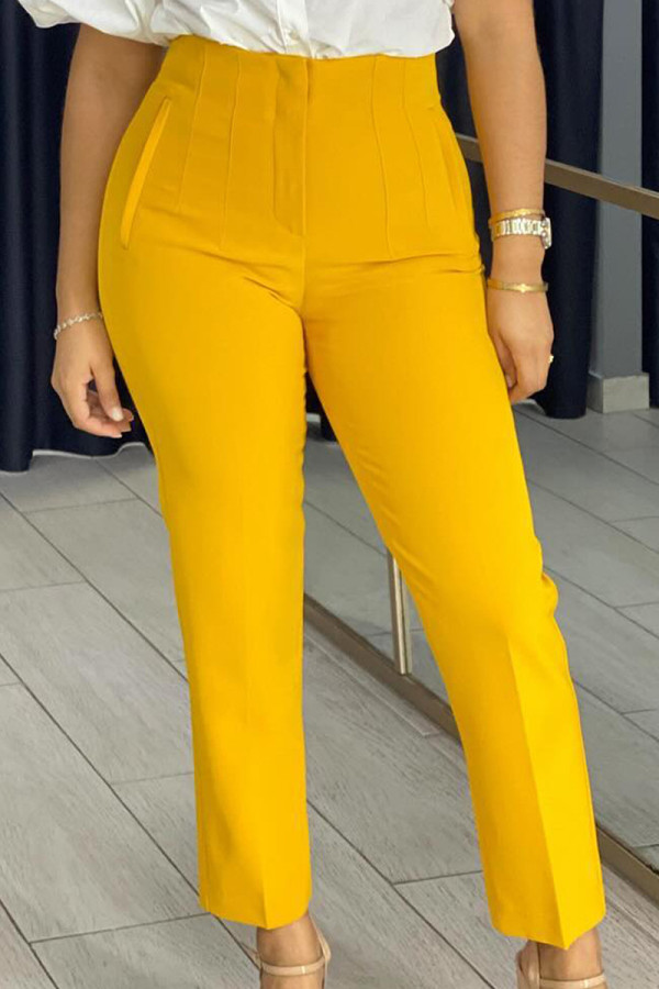 Yellow Casual Solid Color Ruched Patchwork Regular High Waist Pencil Patchwork Bottoms