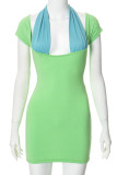 Green Sexy Hollow Out Strap Design Patchwork Halter Wrapped Skirt Dresses