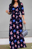 Powder Blue Casual Print Strap Design Patchwork V Neck A Line Dresses