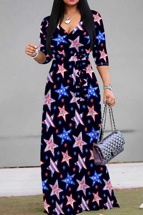 Black Casual Print Strap Design Patchwork V Neck A Line Dresses