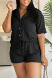 Rose Red Casual Solid Color Buckle Patchwork Turndown Collar Short Sleeve Two Pieces