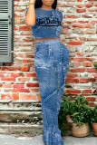 Blue Gray Casual Street Letter Print Faux Denim Print Pocket O Neck Short Sleeve Two Pieces