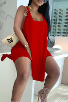 Red Casual Solid Color High Slit Patchwork Square Neck Sleeveless Two Pieces