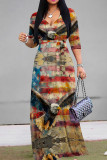 Turquoise Celebrities Print Strap Design Patchwork V Neck A Line Dresses