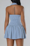 Light Green Sexy Solid Color Buckle Ruched Patchwork U Neck A Line Dresses