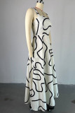 White Celebrities Striped Print Pocket Patchwork Square Neck A Line Dresses