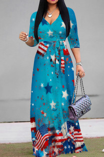Turquoise Celebrities Print Strap Design Patchwork V Neck A Line Dresses
