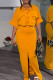 Orange Celebrities Solid Color Pocket Buckle Slit Patchwork Turndown Collar Half Sleeve Two Pieces