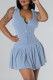 Sky Blue Sexy Solid Color Buckle Ruched Patchwork U Neck A Line Dresses