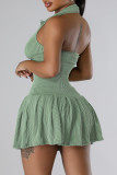 Light Green Sexy Solid Color Buckle Ruched Patchwork U Neck A Line Dresses
