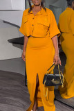 Orange Celebrities Solid Color Pocket Buckle Slit Patchwork Turndown Collar Half Sleeve Two Pieces