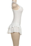 Cream White Sexy Solid Color Ruched Patchwork Square Neck A Line Dresses