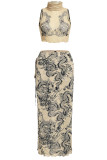 Apricot Celebrities Print Ruched Strap Design Patchwork Turtleneck Sleeveless Two Pieces