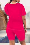 Watermelon Red Casual Figure Print Basic O Neck Short Sleeve Two Pieces