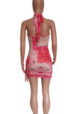 Silver Gray Sexy Print Hollow Out Patchwork Halter Wrapped Skirt Dresses
