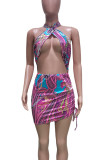 Silver Gray Sexy Print Hollow Out Patchwork Halter Wrapped Skirt Dresses