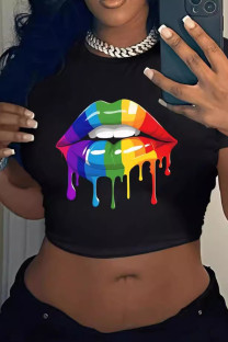 Black Sexy Print Patchwork O Neck T-Shirts