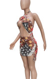 Silver Gray Sexy Print Hollow Out Patchwork Halter Wrapped Skirt Dresses