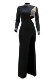 White Sexy Hot Drilling Patchwork Hollow Out Slit Half A Turtleneck Evening Dresses