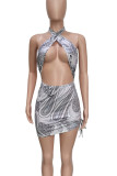 Silver Gray Sexy Print Hollow Out Patchwork Halter Wrapped Skirt Dresses