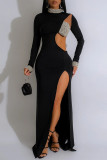 White Sexy Hot Drilling Patchwork Hollow Out Slit Half A Turtleneck Evening Dresses