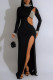 Black Sexy Hot Drilling Patchwork Hollow Out Slit Half A Turtleneck Evening Dresses