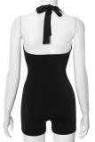 Black Sexy Solid Color Hollow Out Backless Patchwork Halter Skinny Rompers