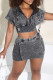 Black Casual Solid Color Buttons Zipper Patchwork Zipper Collar Short Sleeve Two Pieces