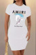 White Casual Print Patchwork O Neck Wrapped Skirt Dresses