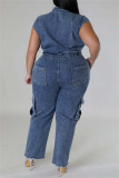 Navy Blue Casual Solid Color Pocket Patchwork Turndown Collar Sleeveless Bodycon Denim Jumpsuits