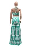 Cyan Sexy Casual Floral Print Lace Up Backless Strapless Sleeveless Two Pieces