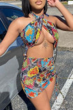 Silver Gray Sexy Print Hollow Out Patchwork Halter Wrapped Skirt Dresses