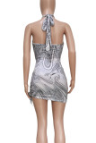 Silver Gray Sexy Print Hollow Out Patchwork Halter Wrapped Skirt Dresses
