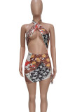 Silver Gray Sexy Print Hollow Out Patchwork Halter Wrapped Skirt Dresses
